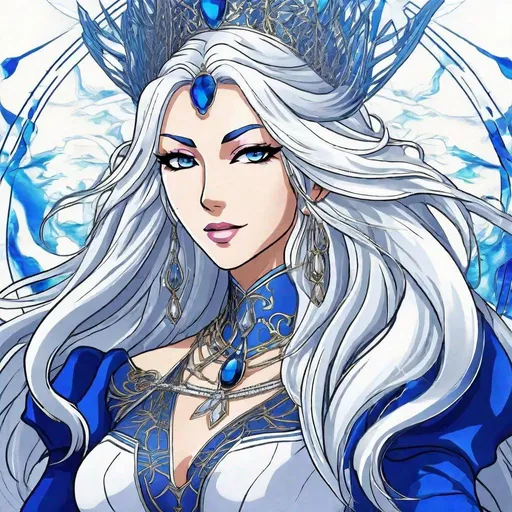 Prompt: A beautiful 58 ft tall 30 year old ((British)) anime Divine Queen with light skin and a beautiful, elegant, strong symmetrical face. She has long straight elegant white hair with two long strands of hair going down to her chest and white eyebrows. She wears a beautiful long a dark blue goddess dress made of water with long thin blue royal robs. She has bright blue eyes and blue pupils. She wears blue eyeshadow. She wears a beautiful blue tiara. Five fingers.