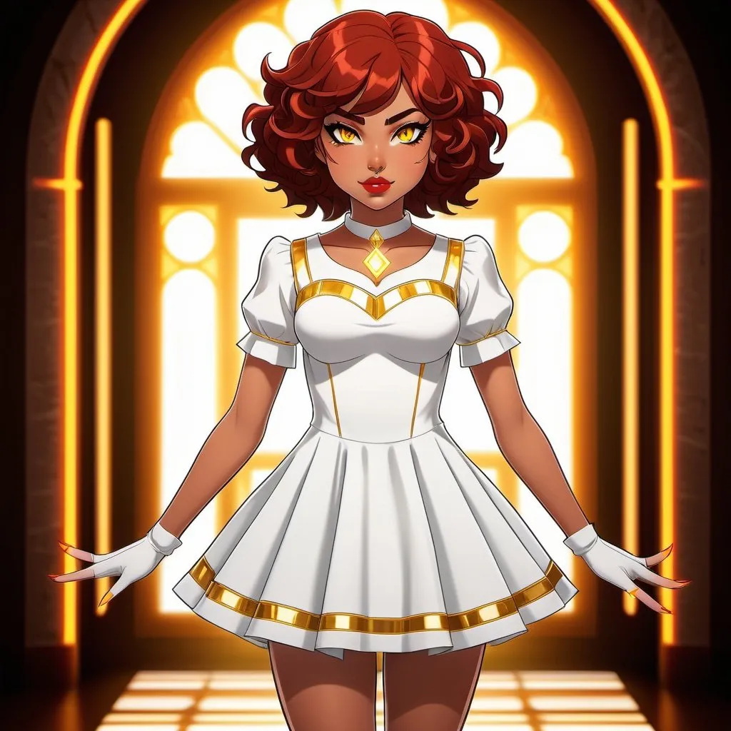 Prompt: A beautiful young 14 year old ((Latina)) evil anime light goddess with light brown skin and a symmetrical round cute face with big lips. She has a strong curvy body with a small waist. She has short curly reddish brown hair that curves to the left side of her head and reddish brown eyebrows. She wears a beautiful white short princess dress with gold and she wears a short white skirt. She wears white boots with gold on it. She has big brightly glowing yellow eyes and white pupils. She has long eyelashes. She wears a small golden tiara. She has a yellow aura around her. Full body art. {{{{high quality art}}}} Illustration. Concept art. Symmetrical face. Digital. Perfectly drawn. A cool background. Five fingers, yellow glowing eyes, full view of dress, character design, multiple angles, different views of head and body. 2D animation art style