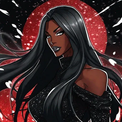 Prompt: A beautiful 59 ft tall 28 year old ((Latina))  anime darkness elemental queen with dark brown skin and a beautiful strong face. She has a strong body. She has long straight black hair that covers the entire left side of her face at the top and she has black eyebrows. She wears a beautiful long black dress that has a silvery glitter to it. She has brightly glowing white eyes with white pupils. She has black lips. She wears a sliver tiara. She has a black aura behind her. She is at you with her glowing white eyes. She is looking in a mirror in a room. Full body art. Beautiful art. 
{{{{high quality art}}}} ((Darkness goddess)). Illustration. Concept art. Symmetrical face. Digital. Perfectly drawn. A beautiful background. Perfect hands. Only dark brown skin, hair covering left side of face, two arms and hands, cover left side of head, follow prompt, full view of dress and body