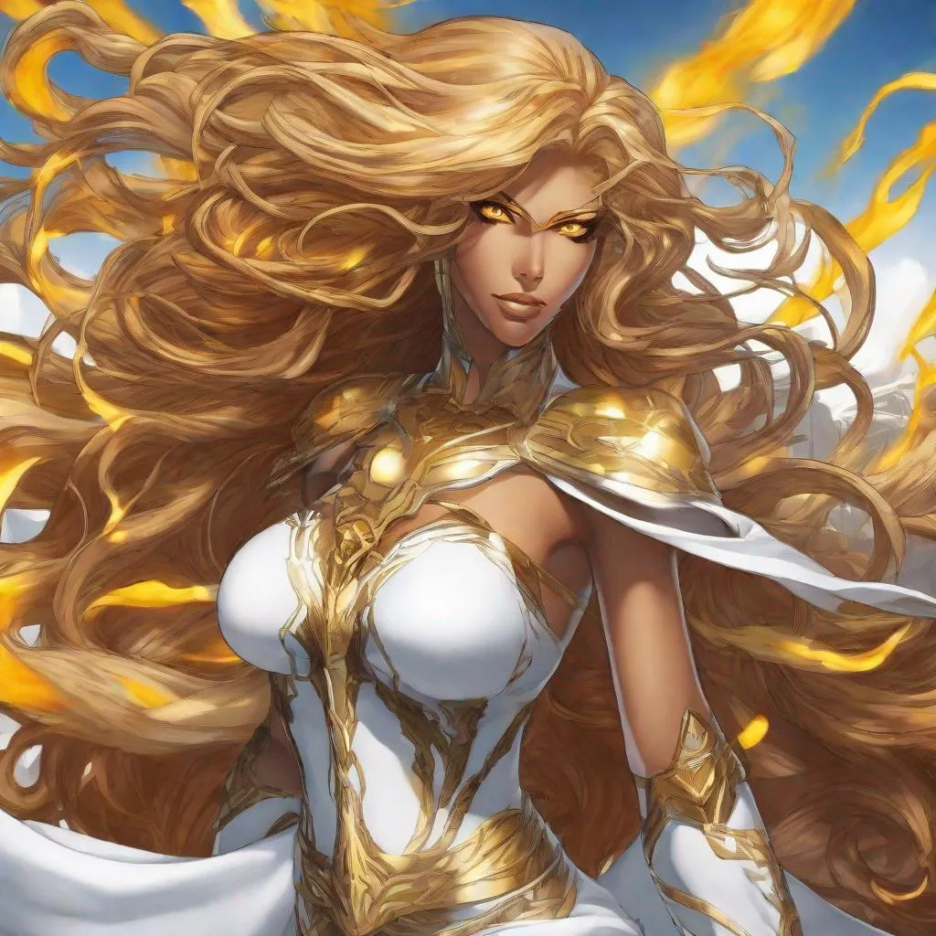 Prompt: A beautiful 59 ft tall 28 year old evil ((Latina)) anime light elemental queen giantess with light brown skin and a beautiful strong face. She has a strong body. She has long curly golden yellow hair and golden yellow eyebrows. She wears a beautiful goddess white dress with gold made of light. She has brightly glowing yellow eyes and white pupils. She wears a golden tiara. She has a yellow aura behind her. She is floating space looking at you with her glowing yellow eyes. She has yellow light glowing around her. Full body art. Scenic view. {{{{high quality art}}}} ((Light goddess)). Illustration. Concept art. Symmetrical face. Digital. Perfectly drawn. A beautiful background.