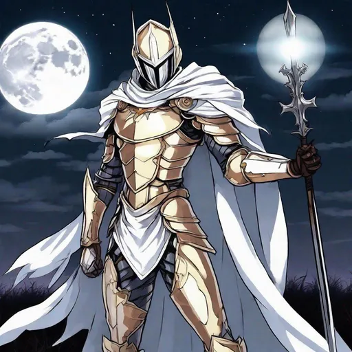 Prompt: A powerful evil anime knight wearing beautiful gold armor with white and a white cloak. He has a strong skinny body. He wears a white ((mask)) covering his face with two thin eye slits. He has three thin horns pointing vertically up on the right, left, and front on his mask. He is standing an open field at night with the full moon behind him. Full body art. {{{{high quality art}}}} Illustration. Concept art. Symmetrical face. Digital. Perfectly drawn. A cool background. Five fingers. 