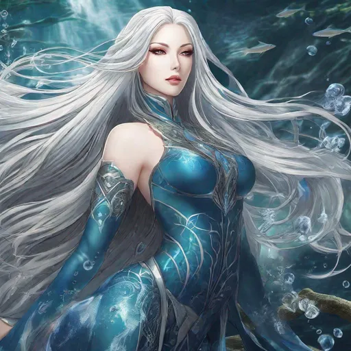 Prompt: A beautiful 58 ft tall 30 year old ((British)) anime Water Elemental Queen giantess with light skin and a beautiful, elegant, strong symmetrical face. She has a strong body. She has long straight elegant white hair with two long strands of hair going down to her chest and white eyebrows. She wears a beautiful long flowing all blue goddess dress. She wears blue heels. She has brightly glowing blue eyes and water droplet shaped pupils. She wears blue eyeshadow. She wears a beautiful blue tiara. She has a blue aura glowing from her body. She is standing in the sand with a beautiful ocean behind her and she looking at you with her glowing blue eyes. Full body art. Scenic view. {{{{high quality art}}}} ((ocean goddess)). Illustration. Concept art. Perfectly drawn. Five fingers. Full view of body and dress
