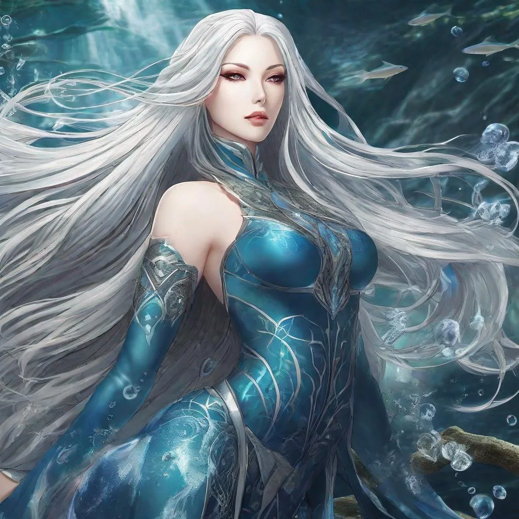 Prompt: A beautiful 58 ft tall 30 year old ((British)) anime Water Elemental Queen giantess with light skin and a beautiful, elegant, strong symmetrical face. She has a strong body. She has long straight elegant white hair with two long strands of hair going down to her chest and white eyebrows. She wears a beautiful long flowing all blue goddess dress. She wears blue heels. She has brightly glowing blue eyes and water droplet shaped pupils. She wears blue eyeshadow. She wears a beautiful blue tiara. She has a blue aura glowing from her body. She is standing in the sand with a beautiful ocean behind her and she looking at you with her glowing blue eyes. Full body art. Scenic view. {{{{high quality art}}}} ((ocean goddess)). Illustration. Concept art. Perfectly drawn. Five fingers. Full view of body and dress