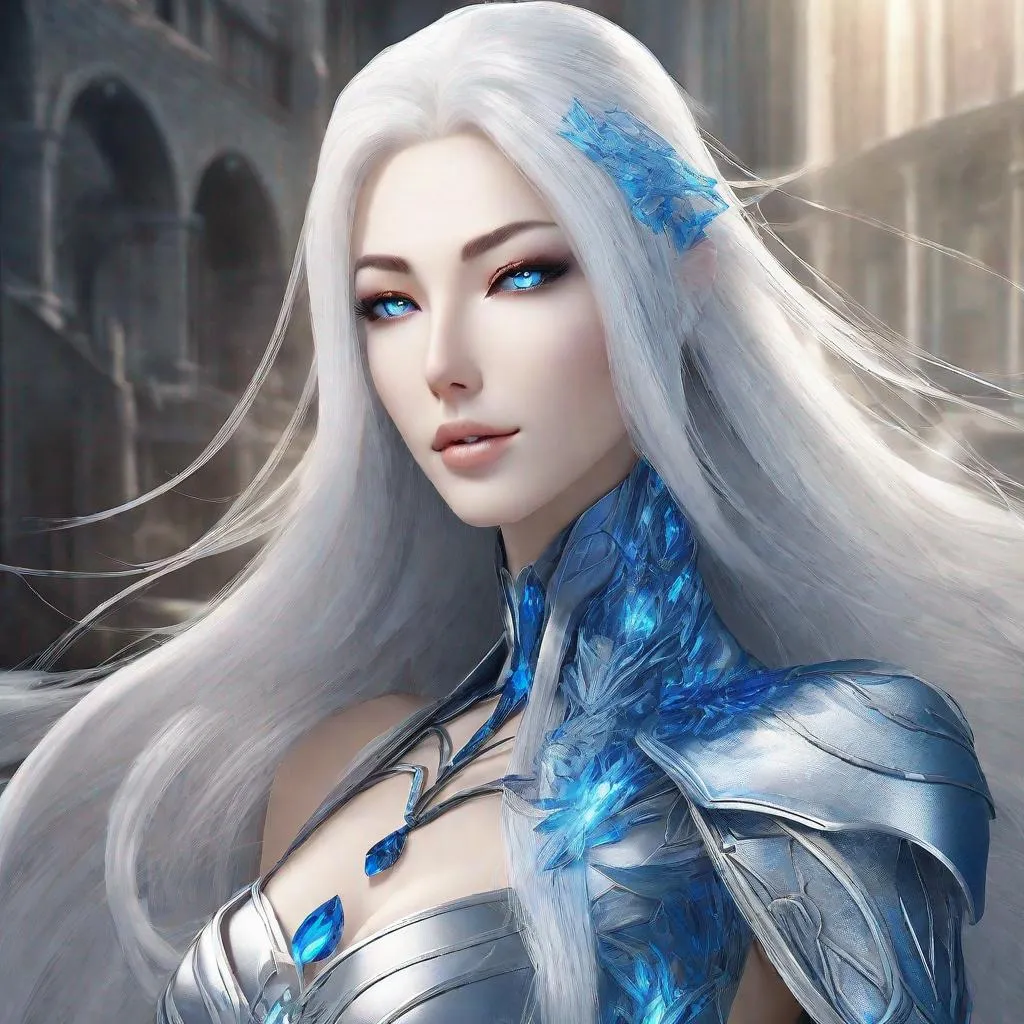 Prompt: A beautiful 58 ft tall 30 year old ((British)) anime Water Elemental Queen with light skin and a beautiful, elegant, strong symmetrical face. She has long straight elegant white hair with two long strands of hair going down to her chest and white eyebrows. She wears a beautiful long all blue slim goddess dress made of water with long thin blue royal robs. She has brightly glowing blue eyes and water droplet shaped pupils. She wears blue eyeshadow. She wears a beautiful blue tiara. She has a blue aura glowing from her body. She is standing in beautiful blue looking at you with her glowing blue eyes. She is wielding bright blue water magic from her hands. Blue water encircles around her. Full body art. Scenic view. {{{{high quality art}}}} ((ocean goddess)). Illustration. Concept art. Perfectly drawn. Five fingers.