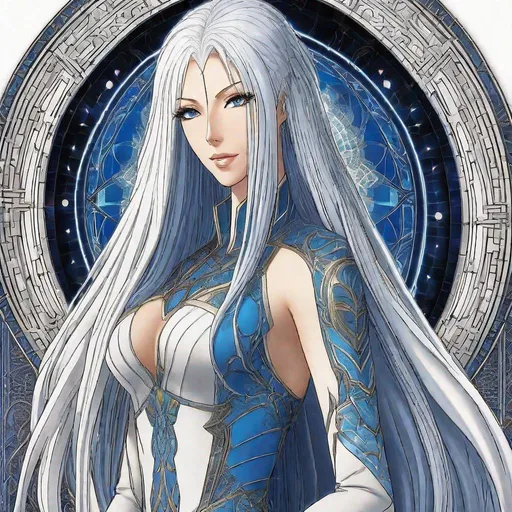 Prompt: A beautiful 58 ft tall 30 year old ((British)) anime Divine Queen with light skin and a beautiful, elegant, strong symmetrical face. She has long straight elegant white hair with two long strands of hair going down to her chest and white eyebrows. She wears a beautiful long all blue goddess dress made of water with long thin blue royal robs. She has bright blue eyes and blue pupils. She wears blue eyeshadow. She wears a beautiful blue tiara. She is standing in a open field looking at you with her glowing blue eyes. Full body art. Scenic view. {{{{high quality art}}}}. Illustration. Concept art. Perfectly drawn. Five fingers.