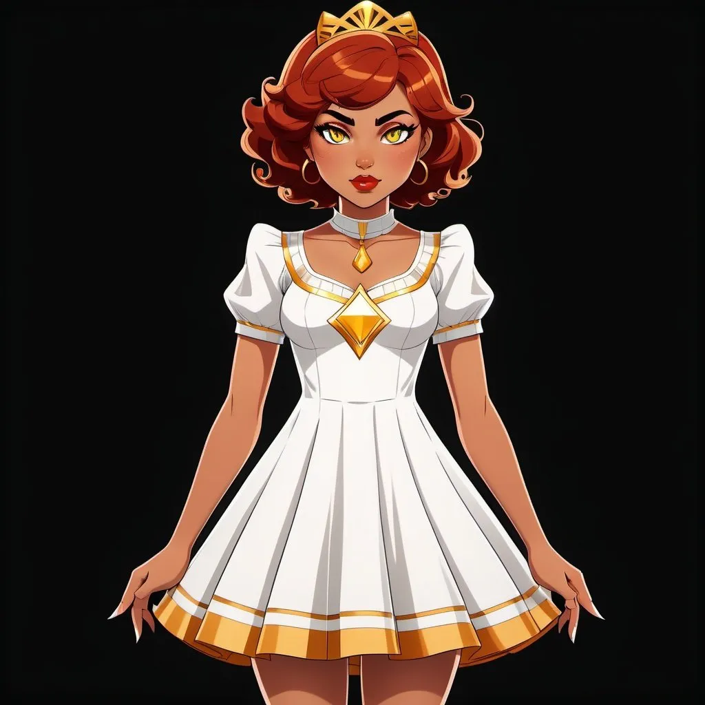 Prompt: A beautiful young 14 year old ((Latina)) evil anime light goddess with light brown skin and a symmetrical round cute face with big lips. She has a strong curvy body with a small waist. She has short curly reddish brown hair that curves to the left side of her head and reddish brown eyebrows. She wears a beautiful white short princess dress with gold and she wears a short white skirt. She wears white boots with gold on it. She has big brightly glowing yellow eyes and white pupils. She has long eyelashes. She wears a small golden tiara. She has a yellow aura around her. Full body art. {{{{high quality art}}}} Illustration. Concept art. Symmetrical face. Digital. Perfectly drawn. A cool background. Five fingers, yellow glowing eyes, full view of dress, character design, multiple angles, different views of head and body. 2D animation art style