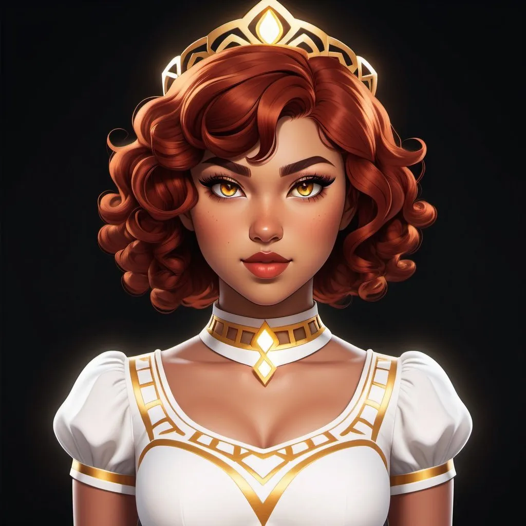 Prompt: A beautiful young 14 year old ((Latina)) evil anime light goddess with light brown skin and a symmetrical round cute face with big lips. She has a strong curvy body with a small waist. She has short curly reddish brown hair that curves to the left side of her head and reddish brown eyebrows. She wears a beautiful white short princess dress with gold and she wears a short white skirt. She wears white boots with gold on it. She has big brightly glowing yellow eyes and white pupils. She has long eyelashes. She wears a small golden tiara. She has a yellow aura around her. Full body art. {{{{high quality art}}}} Illustration. Concept art. Symmetrical face. Digital. Perfectly drawn. A cool background. Five fingers, yellow glowing eyes, full view of dress, character design, multiple angles, different views of head and body. 2D animation art style