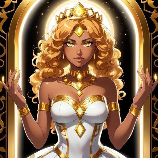 Prompt: A beautiful 17 year old ((Latina)) anime light elemental princess with light brown skin and a beautiful strong face. She has a strong body. She has curly golden yellow hair that parts at the top of her head and yellow eyebrows. She wears a beautiful tight white dress with gold markings on it. She has brightly glowing yellow eyes and white pupils. She has a yellow aura around her. She wears a beautiful golden tiara. She is looking into a mirror. Full body art. {{{{high quality art}}}} ((Light goddess)). Illustration. Concept art. Symmetrical face. Digital. Perfectly drawn. A cool background. Five fingers. Anime, two arms and hands, full view of dress and body