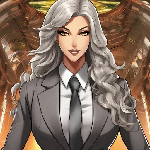 Prompt: A beautiful 60ft tall 36 year old ((American)) anime Earth Elemental Queen giantess with light tan skin and a beautiful strong symmetrical face. She has a strong body. She has long curly sandy gray hair with sandy gray eyebrows. She wears a grey business suit with a white under shirt a black tie and grey business pants. She has brightly glowing orange eyes and rock shaped pupils. She wears a gold tiara. She has a orange aura glowing from her body. She is standing in the city with a beautiful blue sky behind her and she looking at you with her glowing orange eyes. Full body art. Scenic view. {{{{high quality art}}}} ((earth goddess)). Illustration. Concept art. Perfectly drawn. Five fingers. Full view of body. Two arms, orange glowing eyes