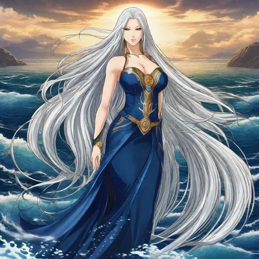 Prompt: A beautiful powerful 58 ft tall 30 year old ((British)) anime ocean goddess with light skin and a beautiful, elegant, strong symmetrical face. She has a strong body. She has long straight elegant white hair with two long strands of hair going down to her chest and white eyebrows. She wears a beautiful long flowing royal dark blue dress with blue royal robes. She wears blue heels. She has bright blue eyes and water droplet shaped pupils. She wears dark blue eyeshadow under her eyes. She wears a beautiful blue crown. She has a blue aura glowing from her body. She is standing in the sand with a beautiful ocean behind her and she looking at you with her glowing blue eyes. Full body art. Scenic view. {{{{high quality art}}}}. Illustration. Concept art. Perfectly drawn. Five fingers. Full view of body and dress