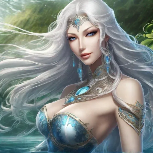 Prompt: A beautiful 58 ft tall 30 year old ((British)) anime Water Elemental Queen giantess with light skin and a beautiful, elegant, strong symmetrical face. She has a strong body. She has long straight elegant white hair with two long strands of hair going down to her chest and white eyebrows. She wears a beautiful long flowing all blue goddess dress. She wears blue heels. She has brightly glowing blue eyes and water droplet shaped pupils. She wears blue eyeshadow. She wears a beautiful blue crown. She has a blue aura glowing from her body. She is standing in the sand with a beautiful ocean behind her and she looking at you with her glowing blue eyes. Full body art. Scenic view. {{{{high quality art}}}} ((ocean goddess)). Illustration. Concept art. Perfectly drawn. Five fingers. Full view of body and dress. Blue crown