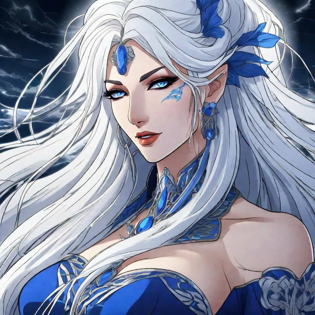 Prompt: A beautiful 58 ft tall 30 year old ((British)) anime Divine Queen with light skin and a beautiful, elegant, strong symmetrical face. She has long straight elegant white hair with two long strands of hair going down to her chest and white eyebrows. She wears a beautiful long a dark blue goddess dress made of water with long thin blue royal robs. She has bright blue eyes and blue pupils. She wears blue eyeshadow. She wears a beautiful blue tiara. Five fingers.