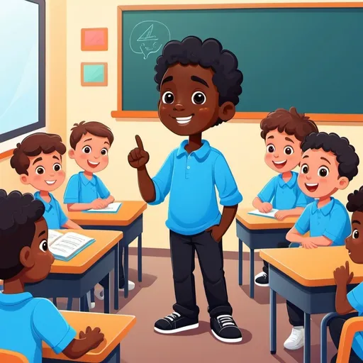 Prompt: cute black boy chatting amicably in a classroom full of children, wearing blue  shirt, black trousers, flat illustration, cartoon, vector illustration