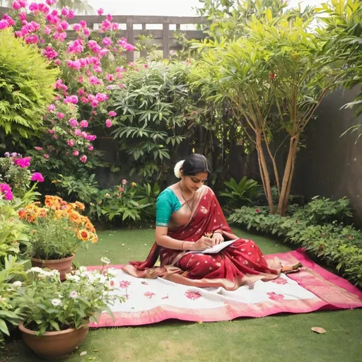 Prompt: a women with saree doing an art in the garden surrounded by flowers 