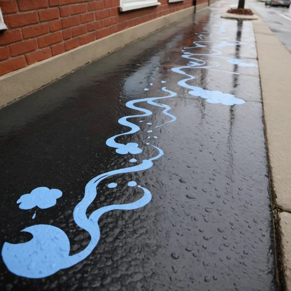 Prompt: Use water-repellent paint to create designs on sidewalks or walls that only appear when it rains.