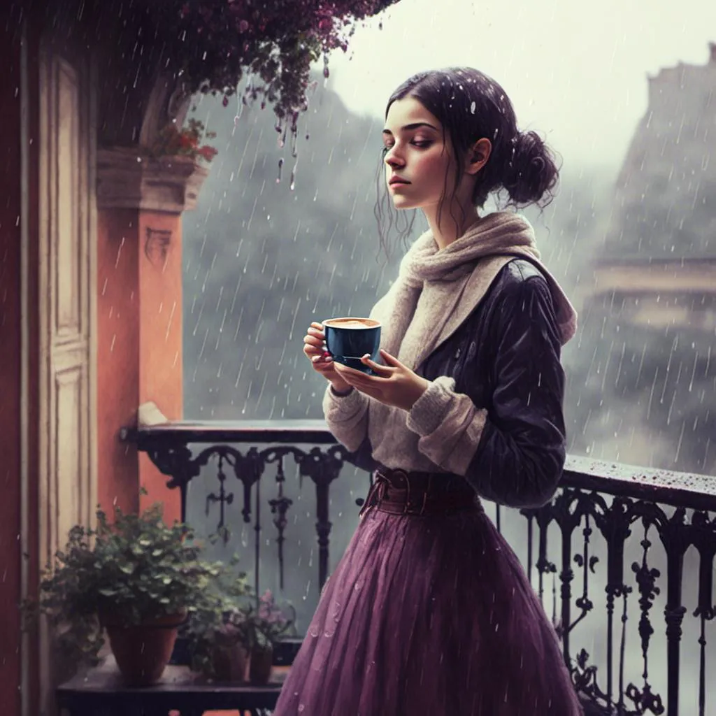 Prompt: <mymodel> girl with a coffee cup in the  balcony while raining
