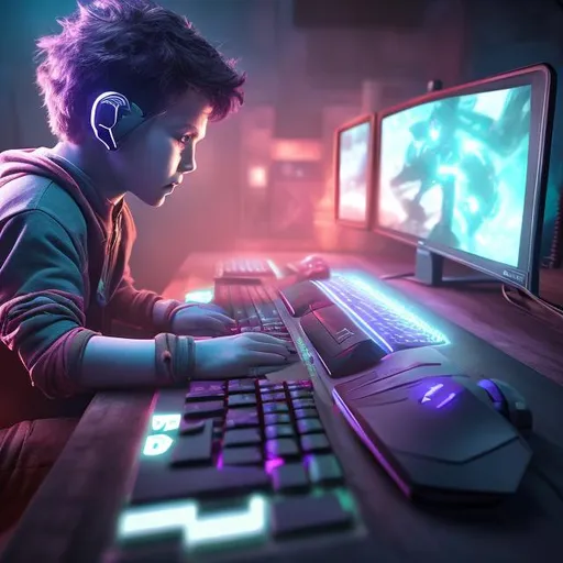 Prompt: Boy playing Valorant on a laptop, external keyboard and mouse, immersive gaming setup, high quality, realistic, vibrant colors, modern gaming scene, focused expression, dynamic lighting, cool tones, gamer aesthetic