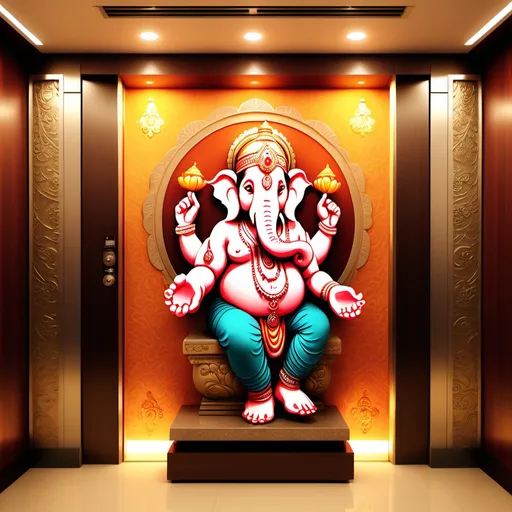 Prompt: (accurately spelled text "Ganesh Chaturthi wishes"), celebratory atmosphere, (vibrant colors), festive decorations, intricate motifs of Ganesh, (modern elevator context), harmonious blend of tradition and technology, warm lighting, joyful ambiance, high-quality design, intricate details, cultural elements highlighting Ganesh's significance and the essence of the Forus Elevator brand.