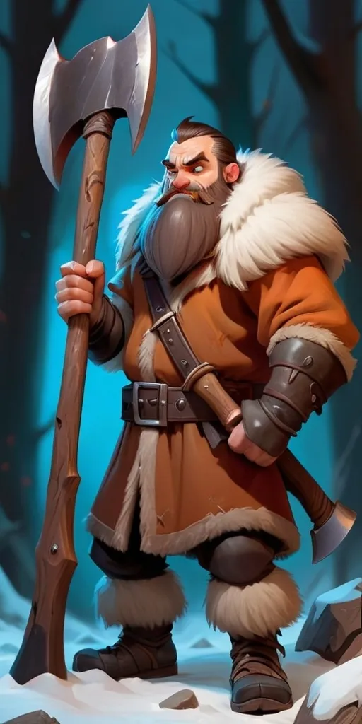 Prompt: a cartoon character with a large axe and a beard and a beard, wearing a fur coat and holding a large axe, Art of Brom, furry art, epic fantasy character art, a character portrait, full body