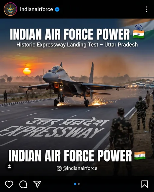 Prompt: **“A powerful cinematic scene of an Indian Air Force fighter jet (Sukhoi/Mirage) landing on a modern expressway in Uttar Pradesh, India. The jet is touching down with sparks from the wheels, dramatic motion blur, and heat waves from the engine. Surrounding environment includes Indian highway markings, security personnel, and distant vehicles stopped. Golden hour lighting with intense orange and blue tones, ultra-realistic, 8K resolution, highly detailed, sharp focus, dynamic angle, low perspective shot. Add subtle Indian flag elements in the sky or reflections. Atmosphere filled with dust and light rays for a heroic, patriotic feel.
Include bold modern Instagram-style text: ‘INDIAN AIR FORCE POWER 🇮🇳’ and smaller subtitle ‘Historic Expressway Landing Test – Uttar Pradesh’. Clean typography, professional layout, high contrast, social media post design, viral aesthetic, trending Instagram style.”**
