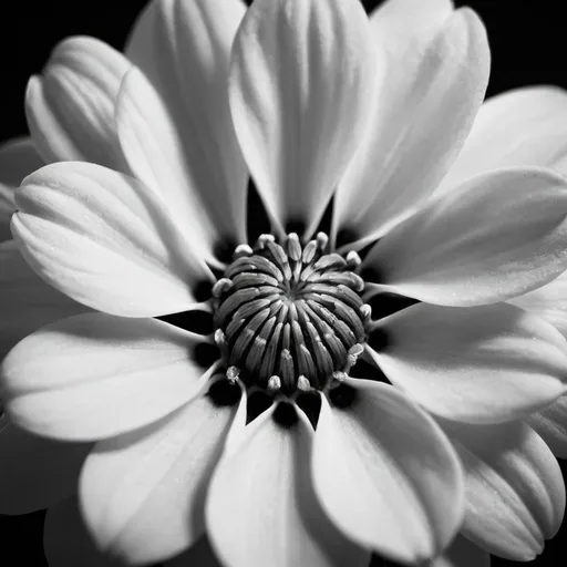 Prompt: A flower closeup, detailed texture and details. macro lens, product photography in black and white. 50 mm fuji