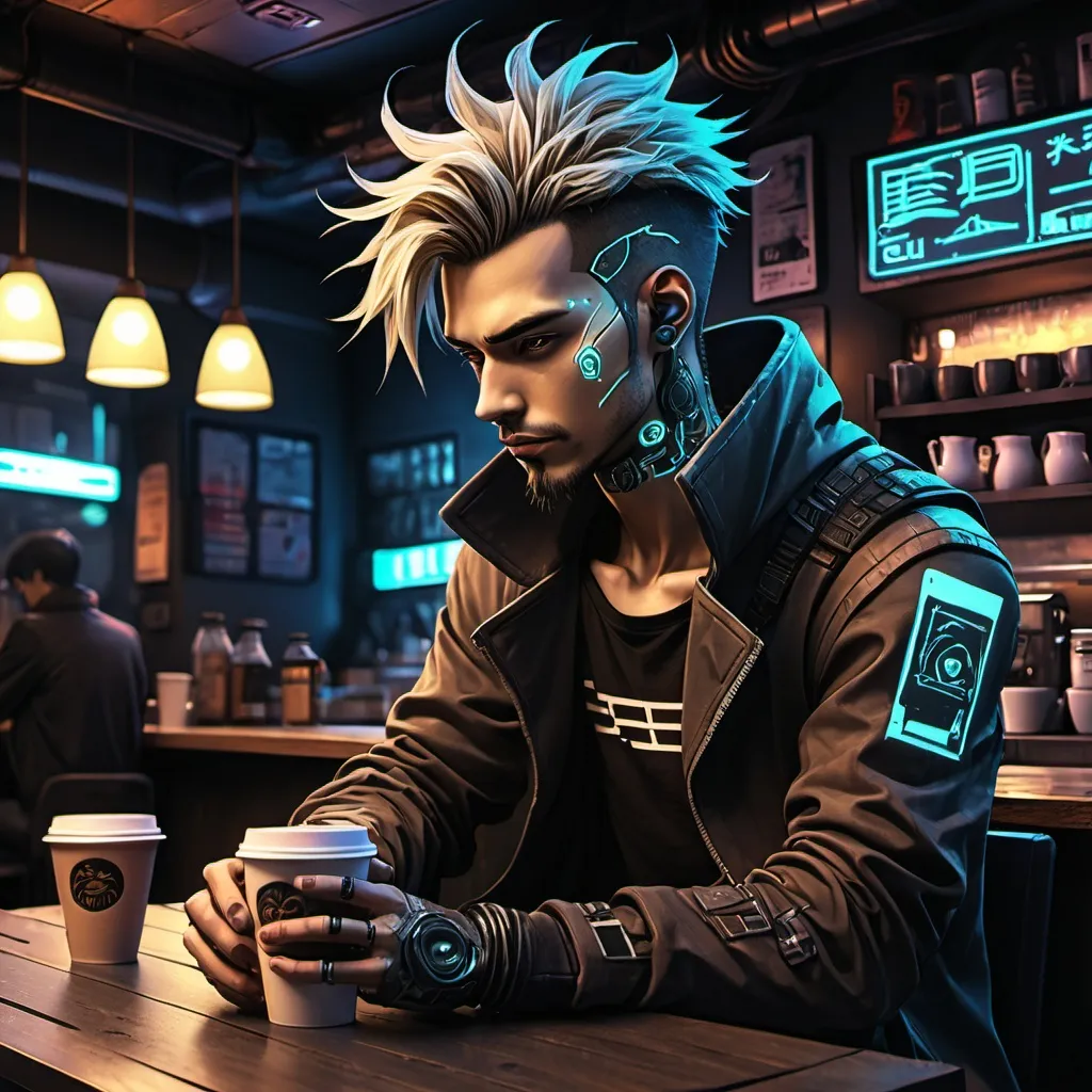 Prompt: Anime cyberpunk style, man in coffee shop, highly detailed, HD, dark background