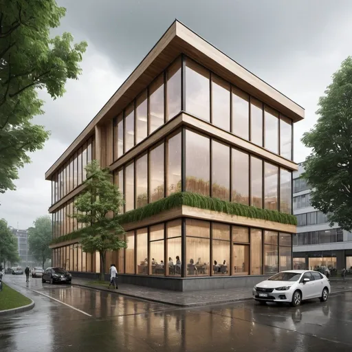 Prompt: Architectural visualisation from outside. Office building with wood and glas, very thin roof on top. make it very realsistic with a bit cloudy and rainy weather. Windows all around with small drames and wood pieces in front. with a lot of people in the building and around on the street. the building is sitting on a street and around is a big park with big trees. very green all around. one big tree is hanging in the picture.