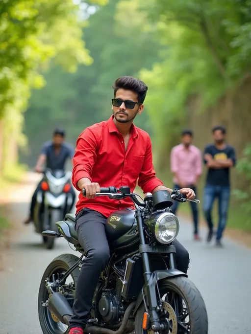 Prompt: A young man exudes confidence as he sits on a sleek black motorcycle, dressed in a striking red shirt and dark pants, paired with stylish sunglasses that reflect the bright sunlight. The scene unfolds on a narrow, winding road surrounded by lush greenery, suggesting a warm, sunny day, perfect for a ride. In the background, a couple of friends are seen engaged in conversation, while another leans against his motorcycle, creating a relaxed, adventurous atmosphere. The composition draws focus on the young man, with the motorcycle serving as a symbol of freedom and youthful energy, complemented by the vibrant color palette of the scene that enhances the overall mood of camaraderie and excitement.