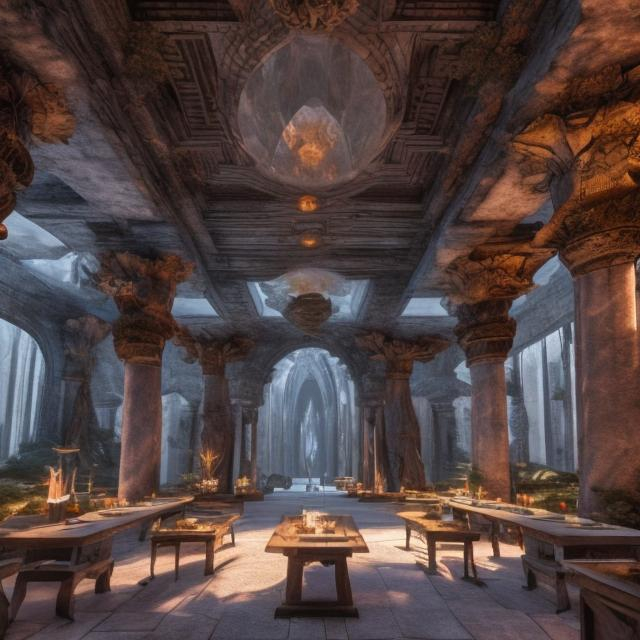 Prompt: A wide open courtyard in a beautiful elven temple made of crystal, dreamy, liberty and tables