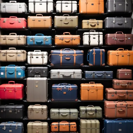 Prompt: An image containing 50 very different real luggages from different brands (Travelpro, Patagonia, The North Face, Rimowa, Away, Monos, Chanel, and others)