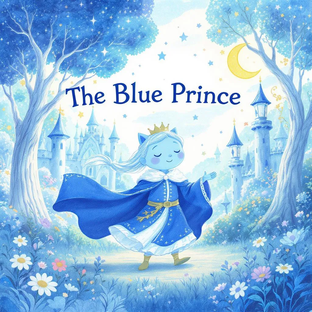 Prompt: illustration for a kids book. a blue prince, living in a blue kingdom where everything is blue

