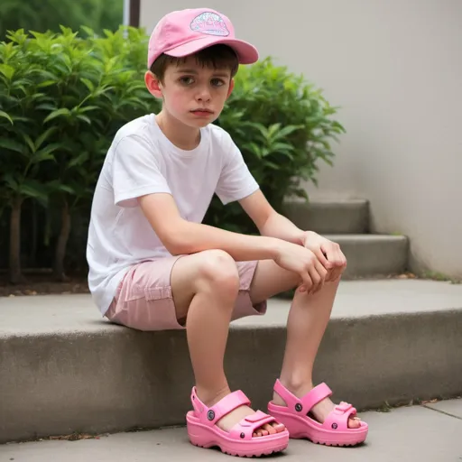 Prompt: A very ashamed boy wearing pinky high crocs platform wedge sandals