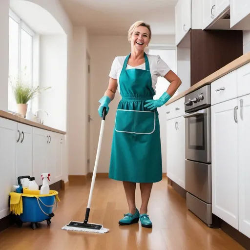 Prompt: happy cleaning lady wearing wedge shoes