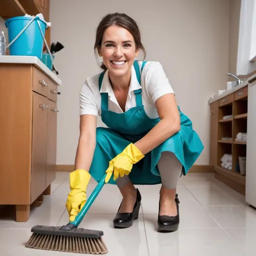 Prompt: happy cleaning lady wearing wedge shoes