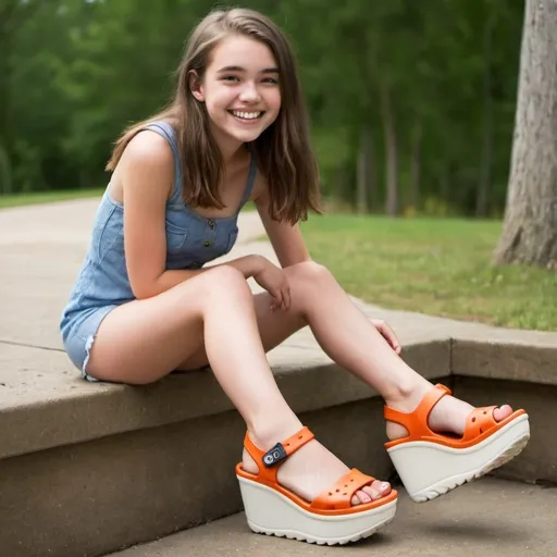Prompt: smiling teenage girl wearing very high platform wedge crocs mega crush sandals