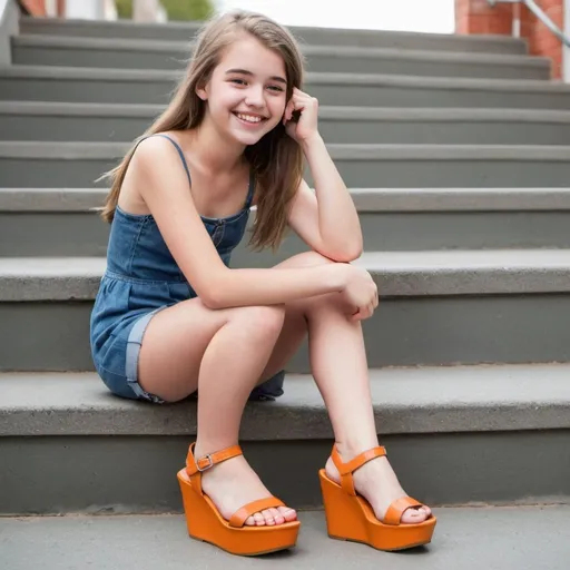 Prompt: smiling teenage girl wering platform wedge sandals