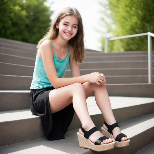 Prompt: smiling teenage girl wering platform wedge sandals