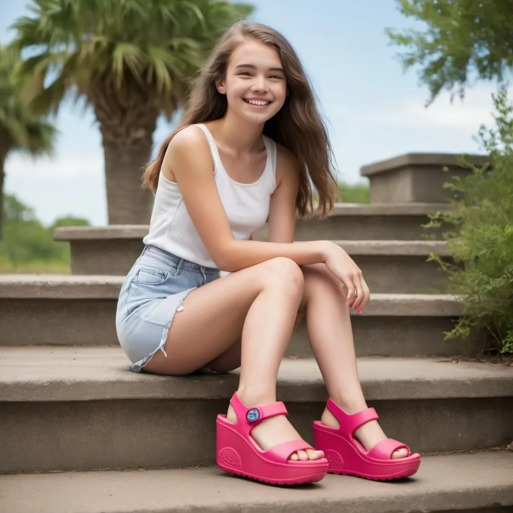 Prompt: smiling teenage girl wearing high platform wedge crocs mega crush sandals