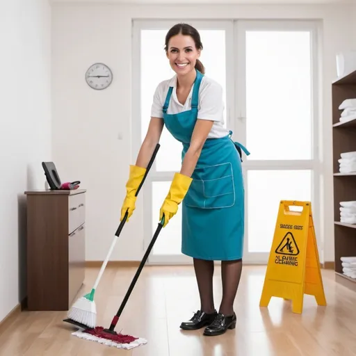 Prompt: happy cleaning lady wearing high shoes