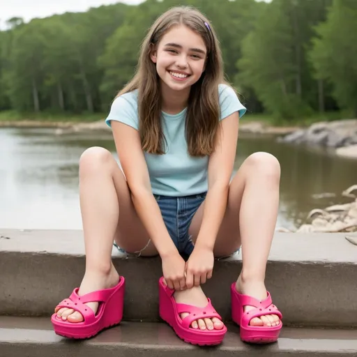 Prompt: smiling teenage girl wearing high platform wedge crocs mega crush sandals