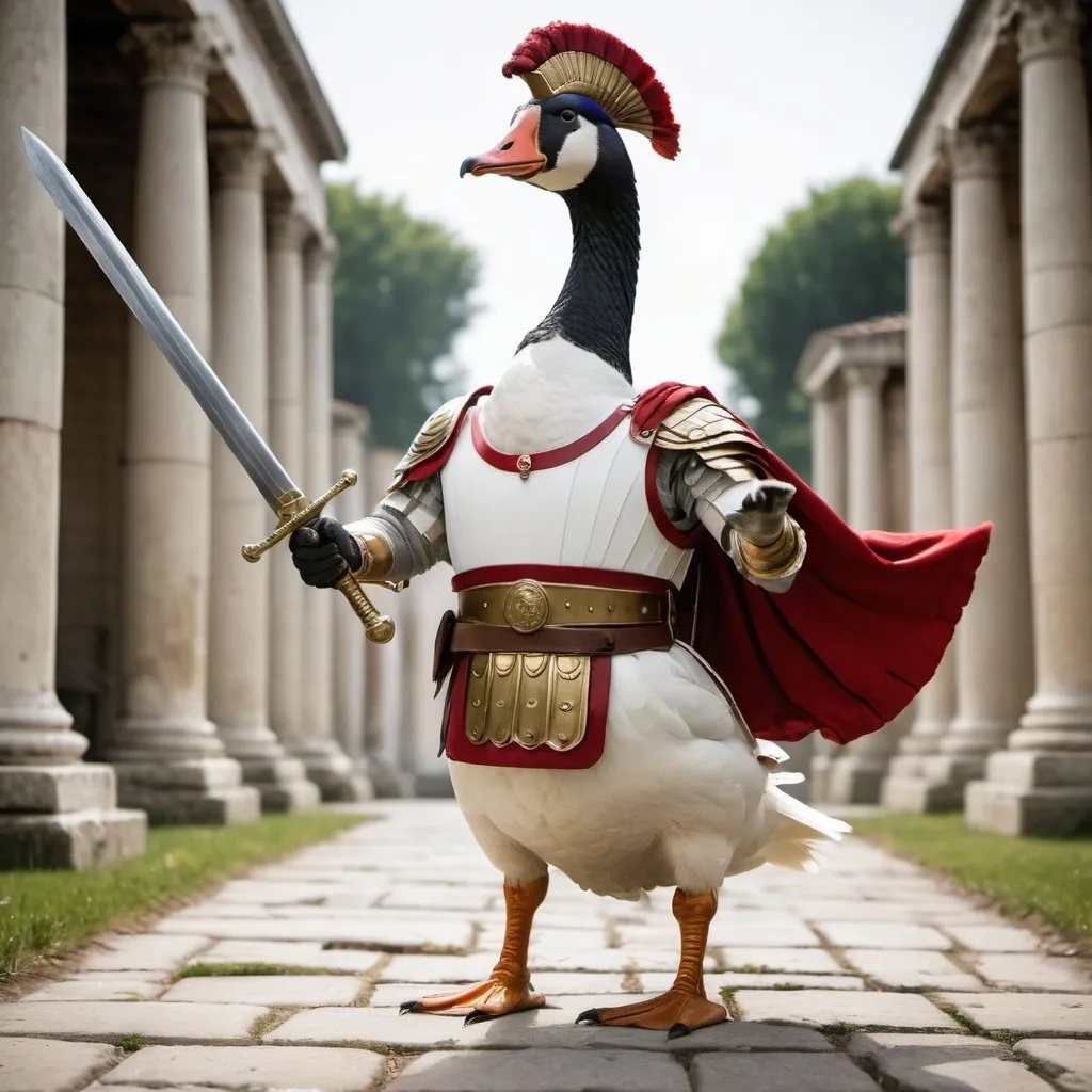 Prompt: a goose dressed in roman legion regalia, poised to attack with a drawn sword