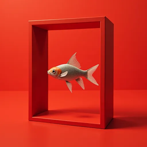 Prompt: A fish is trying to escape from the red square frame