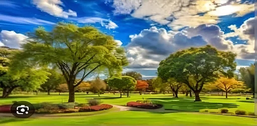 Prompt: a painting of a park with trees and grass in the foreground and clouds in the background with a green field and a path, Art Green, american scene painting, beautiful landscape, a picture