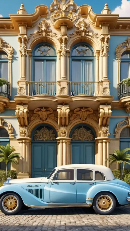 Prompt: A highly detailed and photorealistic image of a baroque-style building with a light blue and gold color scheme. The building features intricate gold carvings, large arched windows, and elaborate decorations. In front of the building, there is a vintage yellow car with white accents parked on a cobblestone driveway. Surrounding the scene are lush green plants and palm trees, under a bright, clear sky. The architectural details are sharp and the overall image is vibrant and crisp.