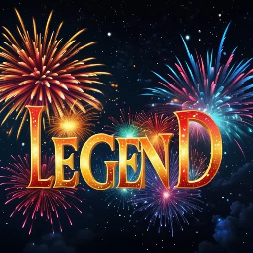 Prompt: (accurately spelled text "legend"), a night sky glowing with vibrant (colorful) fireworks, beautifully illuminating the words overhead, a sense of joy and celebration in the air, twinkling stars as the backdrop, a magical and romantic atmosphere, (highly detailed), (4K), swirling colors of reds, blues, and yellows exploding in brilliance.