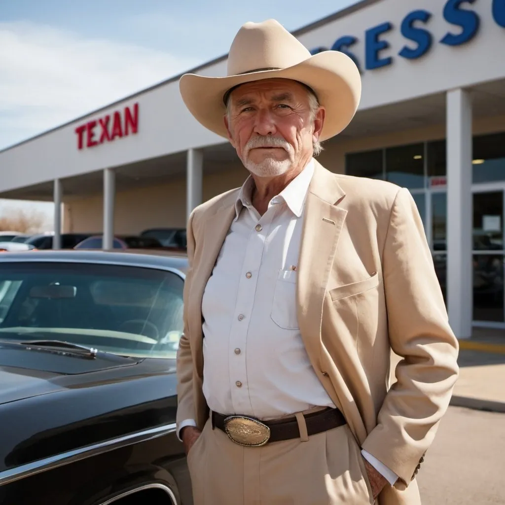 Prompt: Man around 60 years old in beige suit and Stetson standing outside car dealership, Texan belt, sunny and warm lighting,