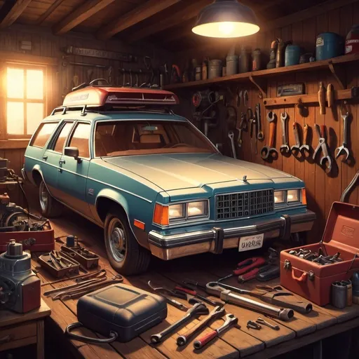 Prompt: Warm, cozy illustration of a skilled mechanic, 80s station wagon, detailed tools, engine, vintage ambiance, professional lighting, nostalgic, vintage, cozy atmosphere, skilled mechanic, detailed car engine, classic car, warm lighting, mechanic, vintage station wagon, tools, warm atmosphere, professional, high quality, detailed illustration