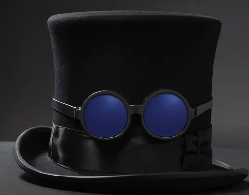 Prompt: Just a floating black top hat with blue circle sunglasses on the front with no face or head, just a top hat