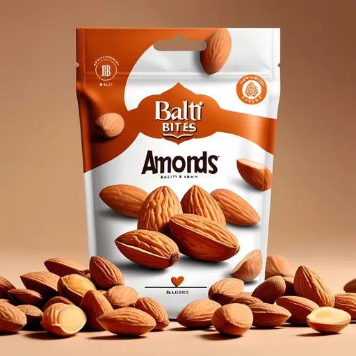 Prompt: a package design for almonds with brand name balti bites