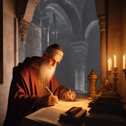 Prompt: Photorealistic hyperrealistic sharp focus image of old man, dressed as a byzantine monk scribe, writing on a parchment by candle light in a drafty cold stone byzantine monastery,  open windows, night, billowing draperies, mosaic walls, view of haigia Sophia outside of window